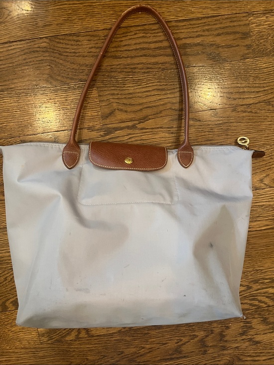 Longchamp Handbags - Longchamp Le Pliage Style Tote Bag in Light Gray with Brown Trim damage